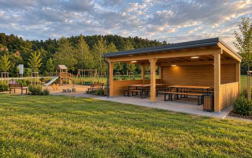 Dětské hřiště a pergola u řeky
