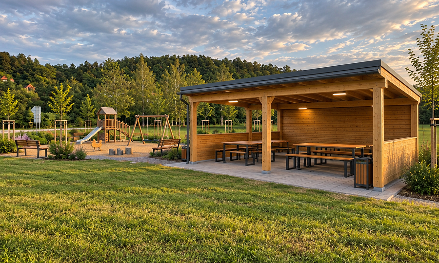 Dětské hřiště a pergola u řeky