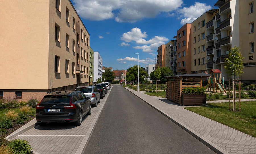 Parkovací stání, chodník a přístřešky Nerudova